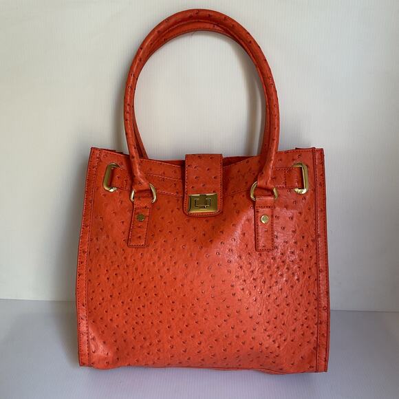 Banana Republic Rare Ostrich Tote Bag Papaya Orange Large Shoulder Purse Y2K - Picture 1 of 9